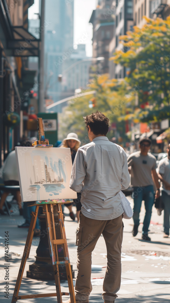 An artist at an easel paints a cityscape on a busy pavement among passers-by