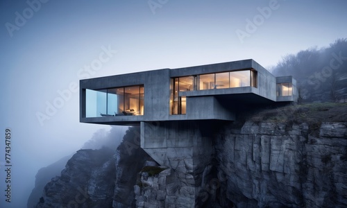 modern house is placed on top of a steep cliff. The house is a box-like structure with glass walls. The sky is overcast and the cliff is misty.