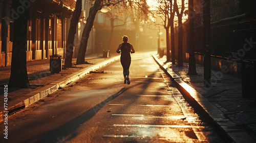 A man jogging along a quiet city street in the early morning, the soft light of the rising sun casting long shadows