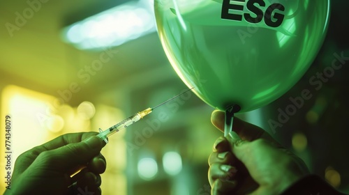 Green balloon with ESG letters, one hand holds a needle and wants to burst the balloon, concept: greenwashing, green background, copy and text space, 16:9