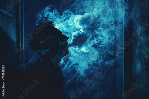 Vector image of an individual smoking heavily in a dark, enclosed space, emphasizing the smoke's effect on the environment photo
