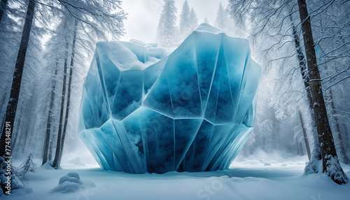 iceberg in a snowy forest, surrounded by trees and covered in a layer of ice.