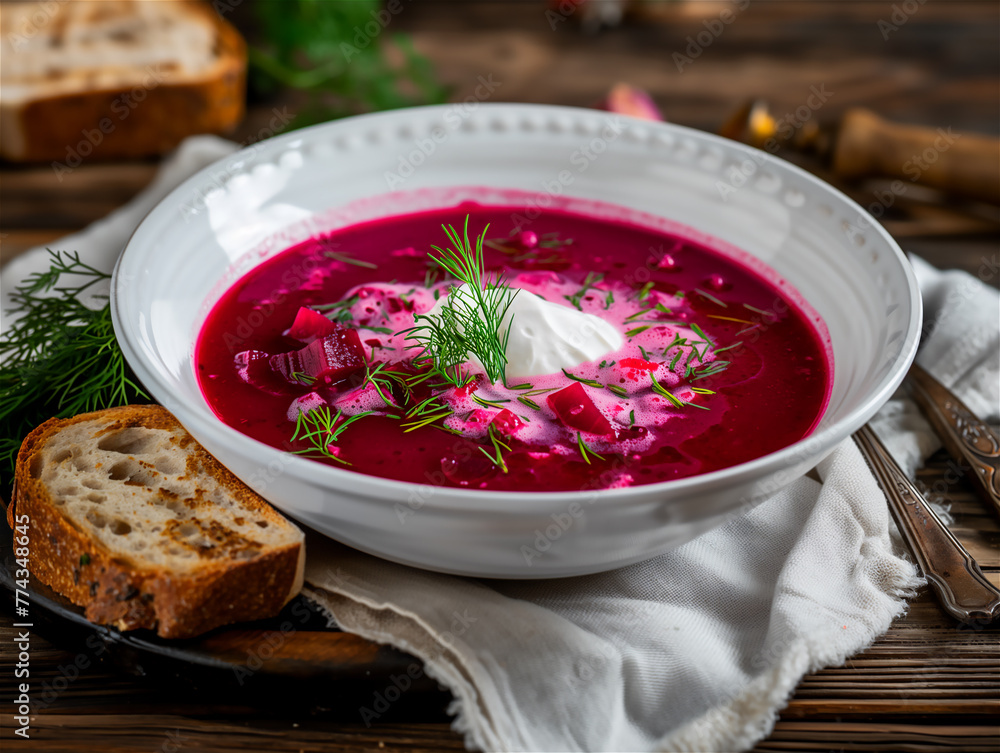 Beetroot soup. Borscht soup in a white bowl.
