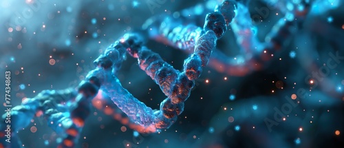 DNA-like structure illuminated with orange and blue lights, depicting biotechnology