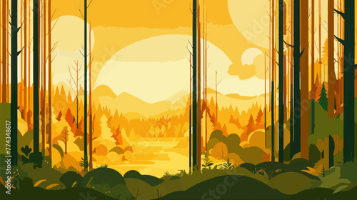 A Painting of a Sunset in a Forest vector illustration 2d