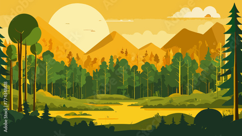 Lush Forest With Lake and Mountains Painting vector illustration 2d