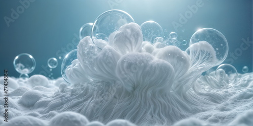 white, abstract cloud-like object sits in the center of the image, surrounded by a sea of smaller bubbles. The background is a gradient of blue.