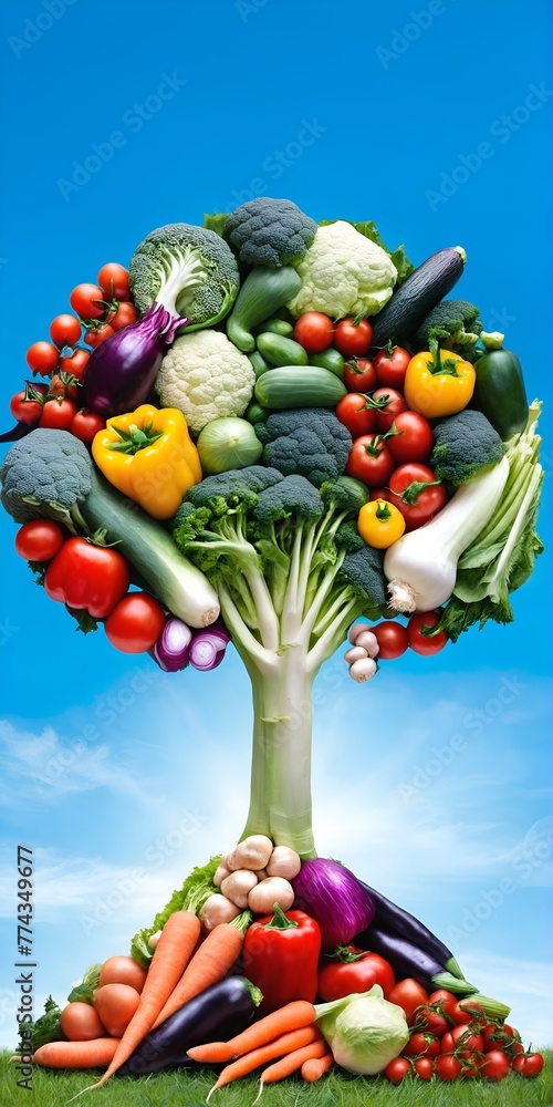 Variety of vegetables in shape of tree. Flat lay Variety of vegetables in shape of tree. Flat lay