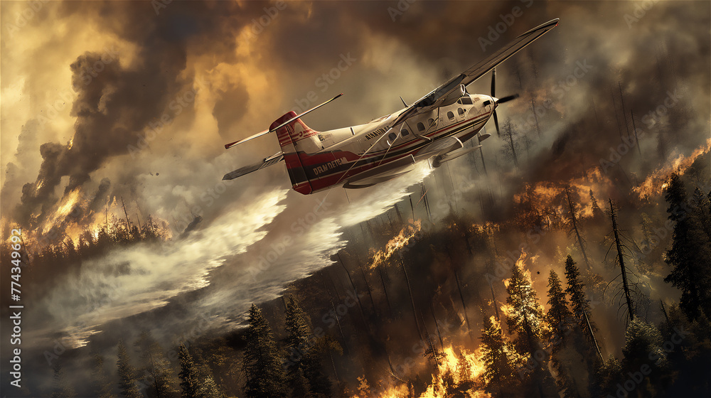 The plane putting out the fire of forest by water discharge.