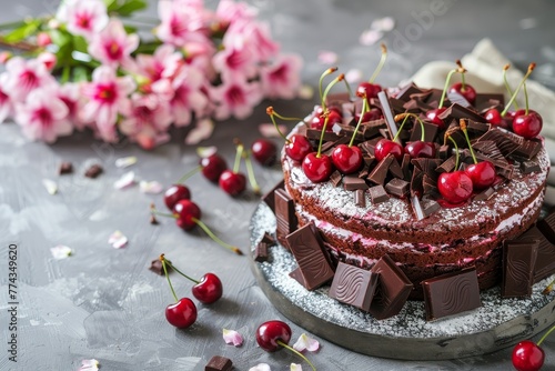 Cherry cake and chocolate with floral background