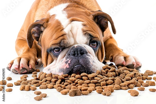 Bulldog lying between kibble and raw dog food on white background