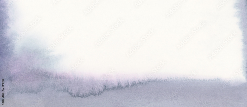 Obraz premium Ink watercolor hand drawn smoke flow stain blot wave landscape on wet paper texture background. Blue, violet, beige color.