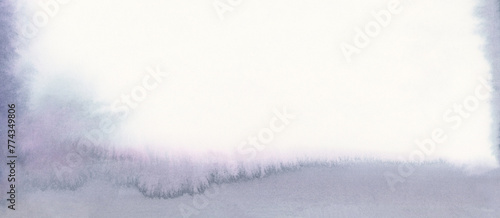 Ink watercolor hand drawn smoke flow stain blot wave landscape on wet paper texture background. Blue, violet, beige color.