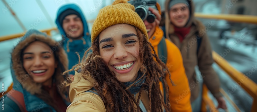 Eine Gruppe multiethnischer Freunde macht ein Selfie, Lachende attraktive Menschen Eine Gruppe multiethnischer Freunde macht ein Selfie, Lachende attraktive Menschen
