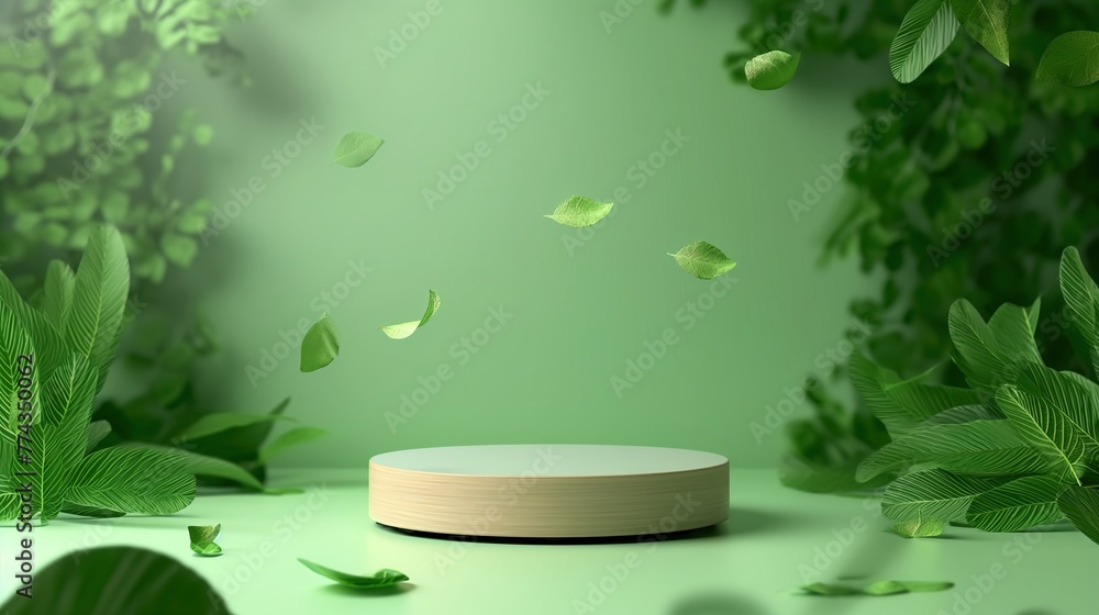 A green background with empty podium and leaves. A green background with empty podium and leaves.