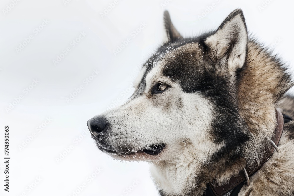 Close up of a panting Alaskan Malamute in harness on white background
