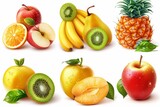 3D modern icons set of bananas, pineapples, apples, mangos, kiwis, peaches, pear and pears. Whole and pieces.