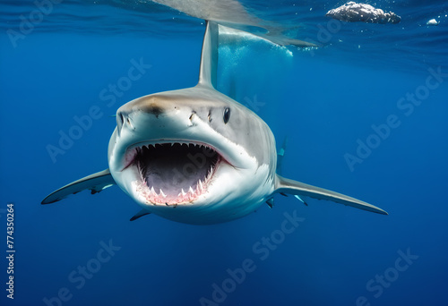 Great white shark in deep blue water.