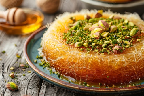 Close up horizontal image of a sweet Middle Eastern treat kunafeh with pistachios and honey on a table