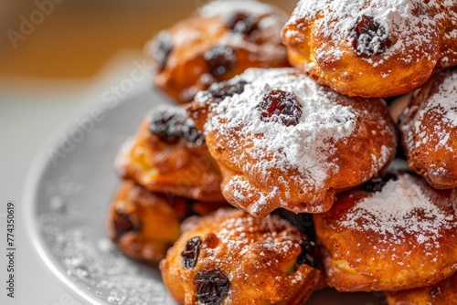 Dutch traditional treat fried bun with raisins and powdered sugar
