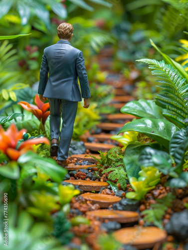 Diorama montrant un homme en costume marchant dans un paysage forestier, forêt luxuriante, image représentant l'impact écologique des entreprises, la croissance verte et la recherche de durabilité photo