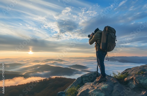 Fotograf beim Wandern, Fotograf auf einem Berggipfel über den Wolken, sonnige Stimmung, Naturpanorama Fotografie