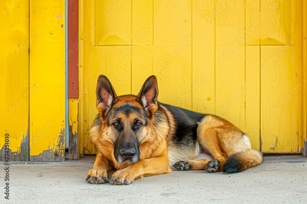 German Shepherd dog laying on concrete by yellow door photographed vertically with wide angle lens - obrazy, fototapety, plakaty 
