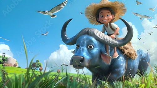 A cute little farmer boy is sitting on the back of an ox, with grassland and blue sky in the background. A swallow flies above him. 