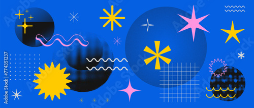 Cool Abstract Geometric Shapes Background Vector Design. Y2k Brutalist Dot Halftone Textured Elements. Modern Backdrop.