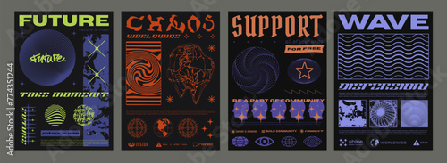 Set Of Cool Futuristic Cyber Punk Posters Vector Design. Collection Of Y2k Retrowave Placards.