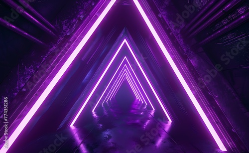 purple neon light in the shape of an isosceles triangle illuminates and reflects on metal ladders