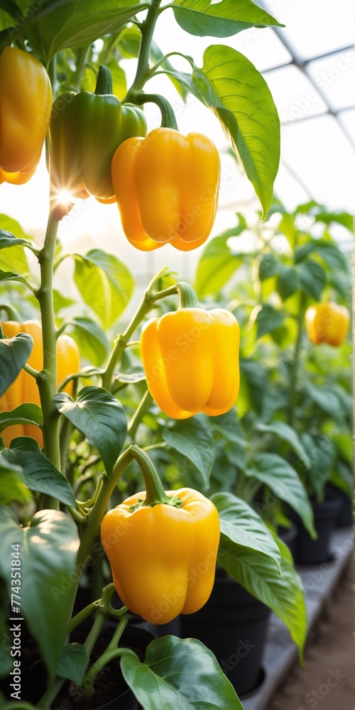 yellow bell peppers growing inside a greenhouse , AI