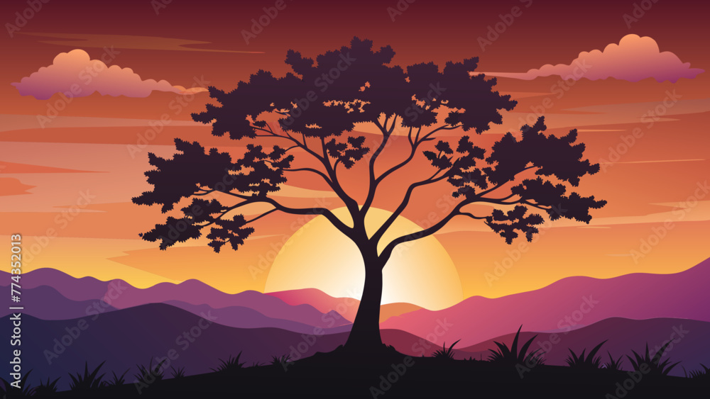 Tree Silhouette Against A Sunset Sky vector graphics illustration Tree Silhouette Against A Sunset Sky vector graphics illustration