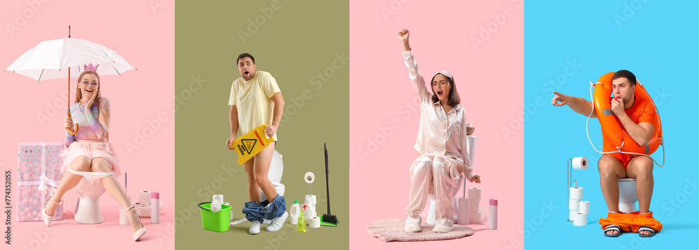 Fototapeta premium Set of funny young people sitting on toilet bowls against color background