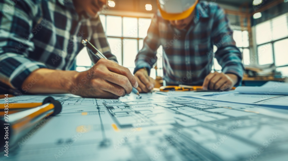 Two Men Working on Blueprints at a Table Two Men Working on Blueprints at a Table