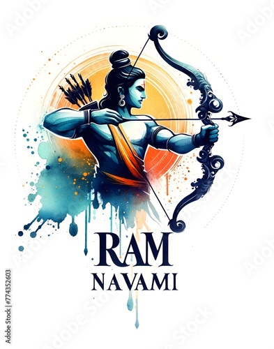 Watercolor style illustration of a lord rama with a bow and arrow for ram navami. photo