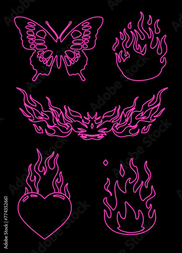 Neo-tribal line art tattoo set with illustrations of hearts and flames of fire.