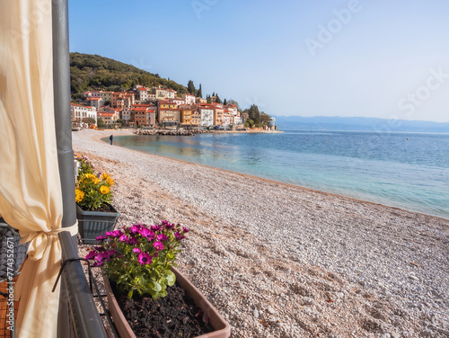 Fototapeta Naklejka Na Ścianę i Meble -  Moscenicka draga,  Mošćenička Draga in spring, Istria, Croatia. Beautiful seascape, tourism, the coast of a historical city, clean climate, healthy lifestyle.