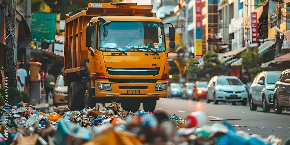 Recycling materials being collected by an urban waste management truck ...