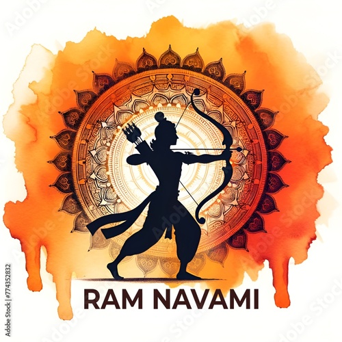 Watercolor illustration for ram navami with a silhouette of lord rama in an action pose. © Milano