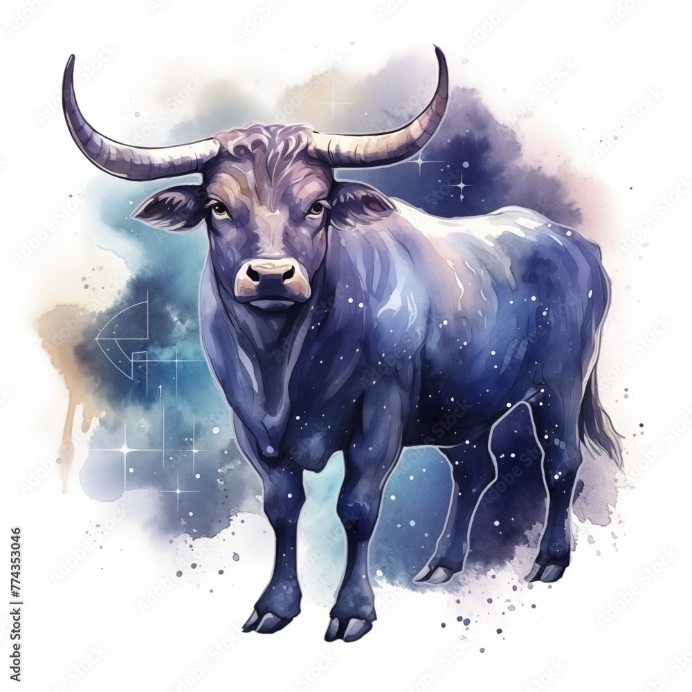 Astrology sign Taurus. Starry sky, zodiac sign Taurus. The color is blue, watercolor illustration. Astrology sign Taurus. Starry sky, zodiac sign Taurus. The color is blue, watercolor illustration.
