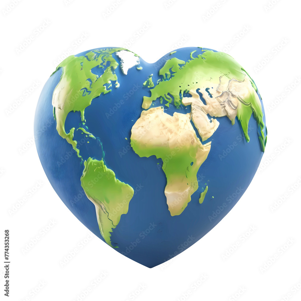 Naklejka premium 3d rendering heart shaped planet earth Isolated On Transparent Background, PNG File 