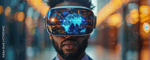 Close-up of a businessman with VR goggles, immersed in a holographic simulation of global wind patterns