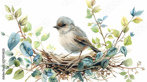 Charming Watercolor Illustration of a Bird in Its Nest on a White Background Generative AI