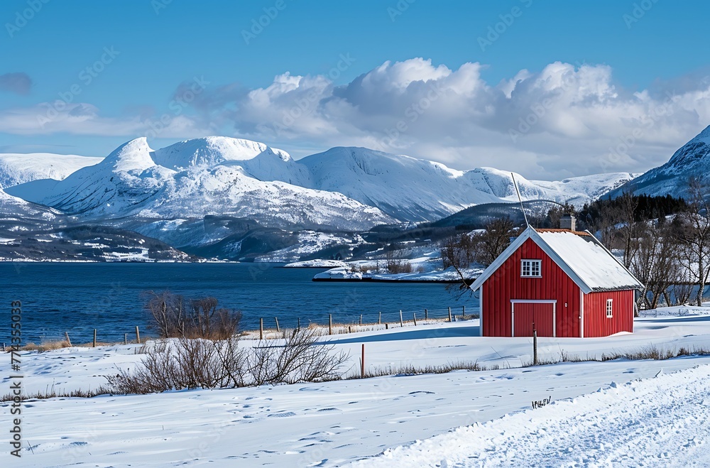red wooden house in the distance, snowy Norwegian nature landscape