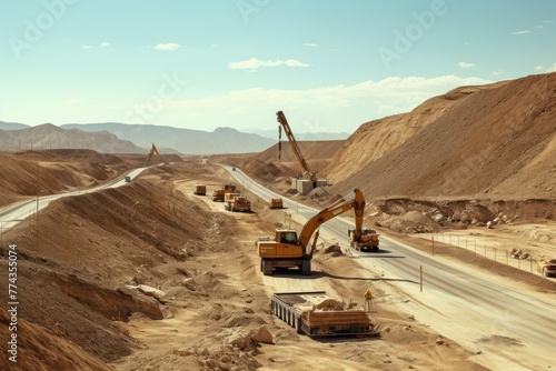 Highway construction in the desert, long straight road in the desert, High angle view on highway construction in a desertAi generated