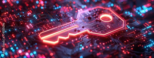 Cute, isometric digital key unlocking a secure data stream, surrounded by glowing, neon lights © BoOm