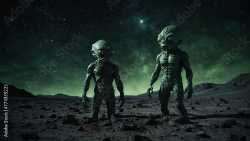 Ein Paar grüner, außerirdischer Aliens stehen auf der Oberfläche des Mondes © pit24