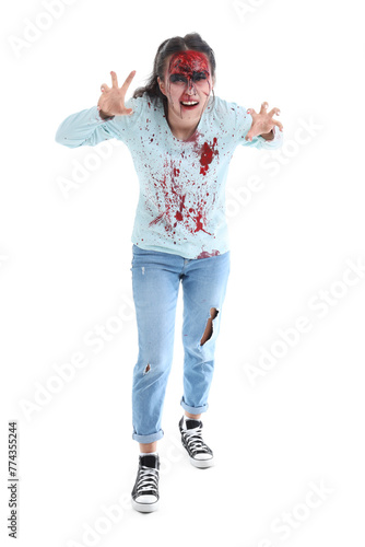 Scary zombie woman on white...