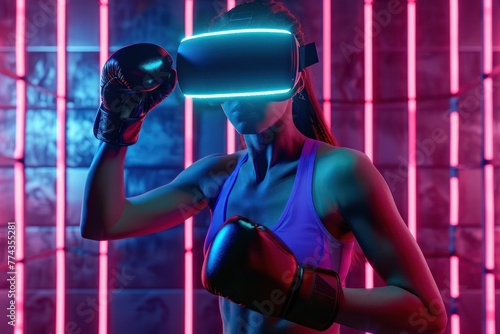 Female boxer in VR headset training in a neon-lit gym, digital art style, medium shot